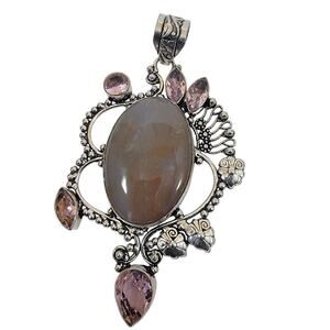 Handmade Silver Pendant with Moon Agate and Pink Topaz Accents